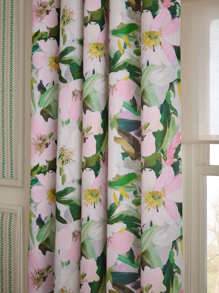 Green/Pink Floral Print Touch of Linen Eyelet Lined Curtains - Image 4 of 4 Green/Pink Floral Print Touch of Linen Eyelet Lined Curtains - Image 4 of 4