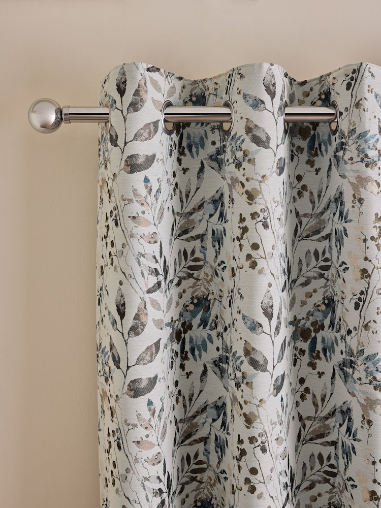 Blue/Brown Honesty Leaf Jacquard Eyelet Lined Curtains - Image 1 of 5 Blue/Brown Honesty Leaf Jacquard Eyelet Lined Curtains - Image 1 of 5