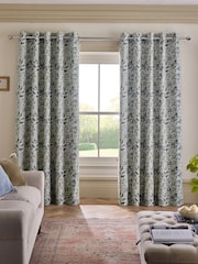 Blue/Brown Honesty Leaf Jacquard Eyelet Lined Curtains - Image 2 of 5