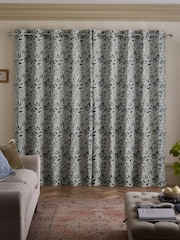 Blue/Brown Honesty Leaf Jacquard Eyelet Lined Curtains - Image 3 of 5