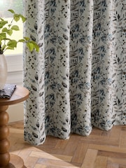 Blue/Brown Honesty Leaf Jacquard Eyelet Lined Curtains - Image 4 of 5