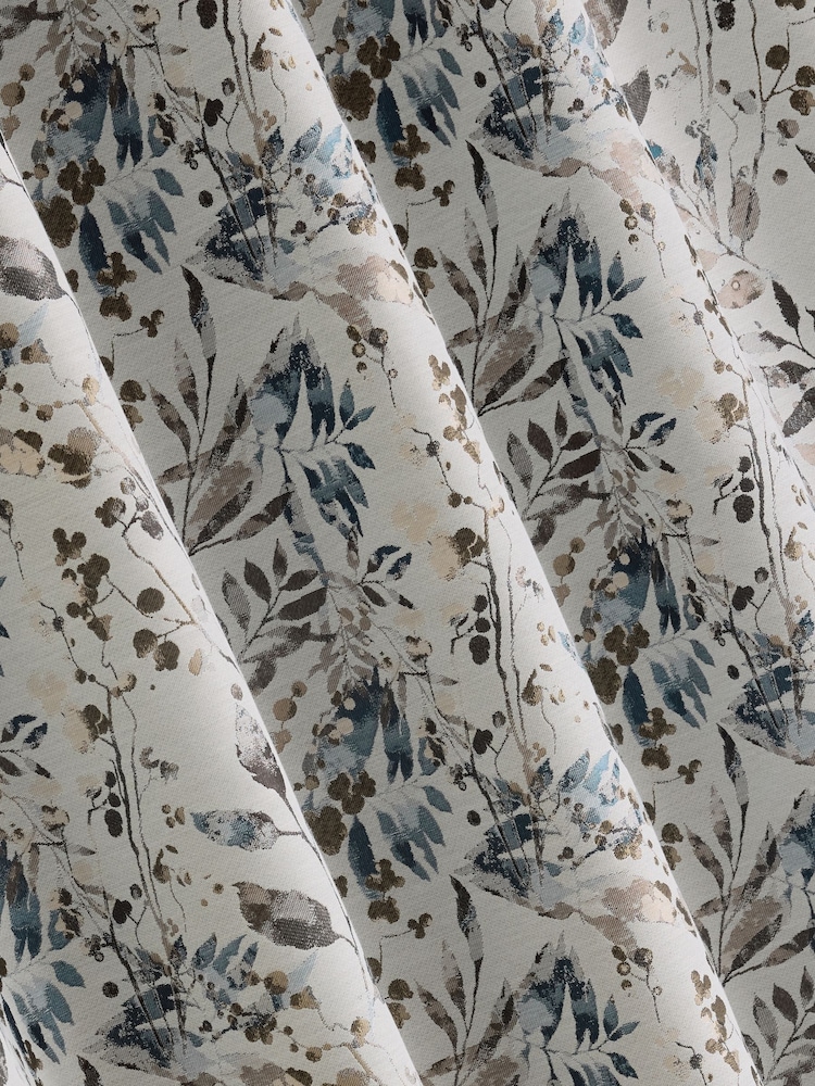 Blue/Brown Honesty Leaf Jacquard Eyelet Lined Curtains - Image 5 of 5 Blue/Brown Honesty Leaf Jacquard Eyelet Lined Curtains - Image 5 of 5