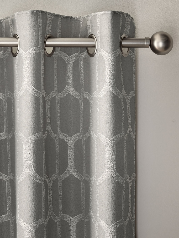 Silver Grey Eyelet Luxe Evie Geometric Jacquard Eyelet Curtains - Image 1 of 5 Silver Grey Eyelet Luxe Evie Geometric Jacquard Eyelet Curtains - Image 1 of 5