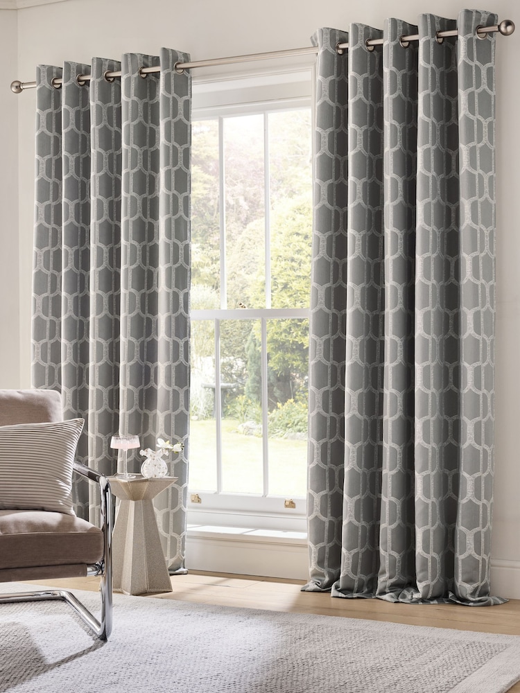 Silver Grey Eyelet Luxe Evie Geometric Jacquard Eyelet Curtains - Image 2 of 5 Silver Grey Eyelet Luxe Evie Geometric Jacquard Eyelet Curtains - Image 2 of 5