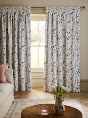 Natural/Green Honesty Leaf Floral Print Blackout/Thermal Pencil Pleat Curtains - Image 3 of 6