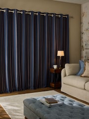 Navy Blue/Brown Brushed Woven Stripe Eyelet Lined Curtains - Image 2 of 4