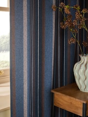 Navy Blue/Brown Brushed Woven Stripe Eyelet Lined Curtains - Image 3 of 4