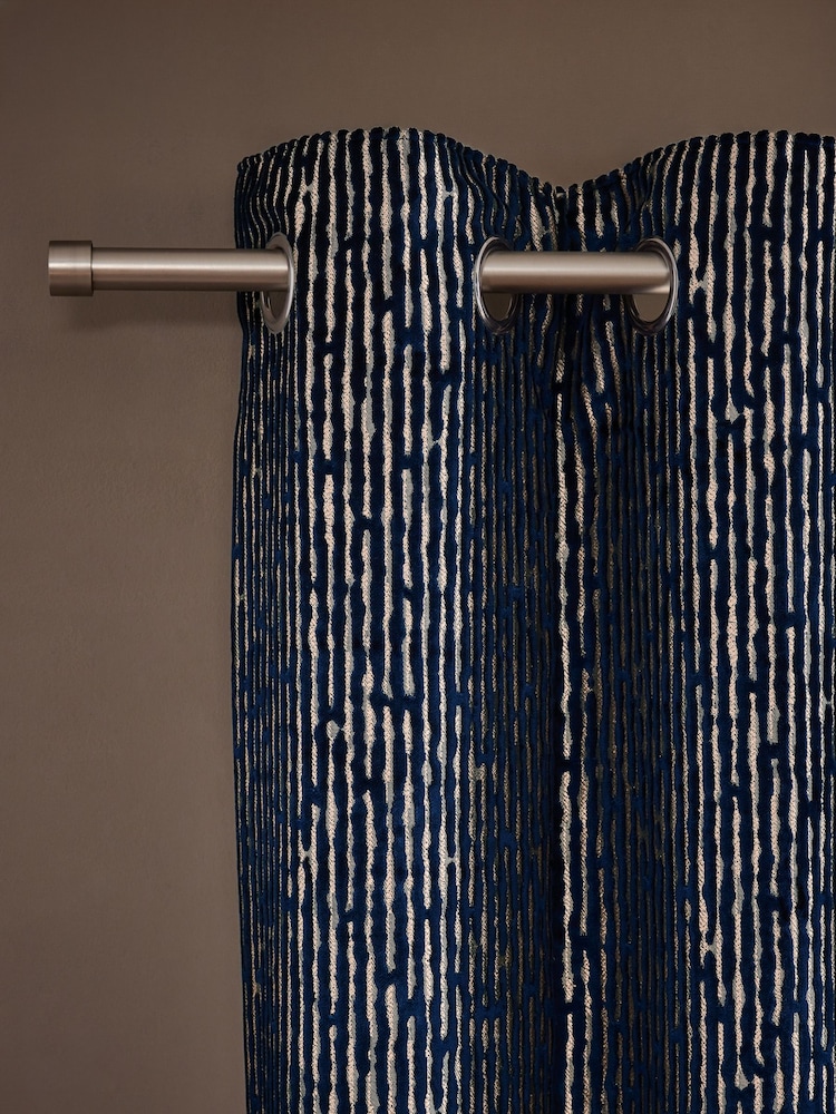 Navy Blue/Gold Collection Luxe Heavyweight Velvet Textured Stripe Eyelet Lined Curtains - Image 1 of 5