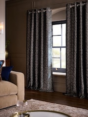 Navy Blue/Gold Collection Luxe Heavyweight Velvet Textured Stripe Eyelet Lined Curtains - Image 2 of 5