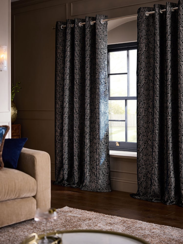Navy Blue/Gold Collection Luxe Heavyweight Velvet Textured Stripe Eyelet Lined Curtains - Image 2 of 5
