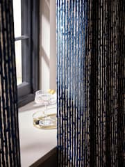 Navy Blue/Gold Collection Luxe Heavyweight Velvet Textured Stripe Eyelet Lined Curtains - Image 4 of 5