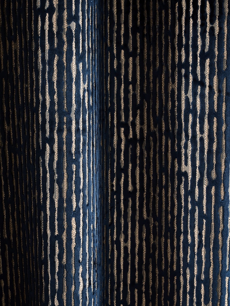Navy Blue/Gold Collection Luxe Heavyweight Velvet Textured Stripe Eyelet Lined Curtains - Image 5 of 5