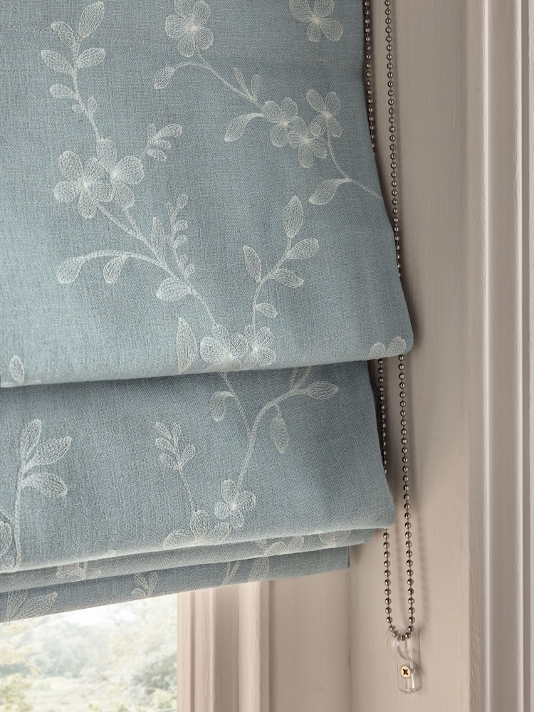 Blue Ready Made Blackout/Thermal Floral Embroidered Roman Blind - Image 2 of 6