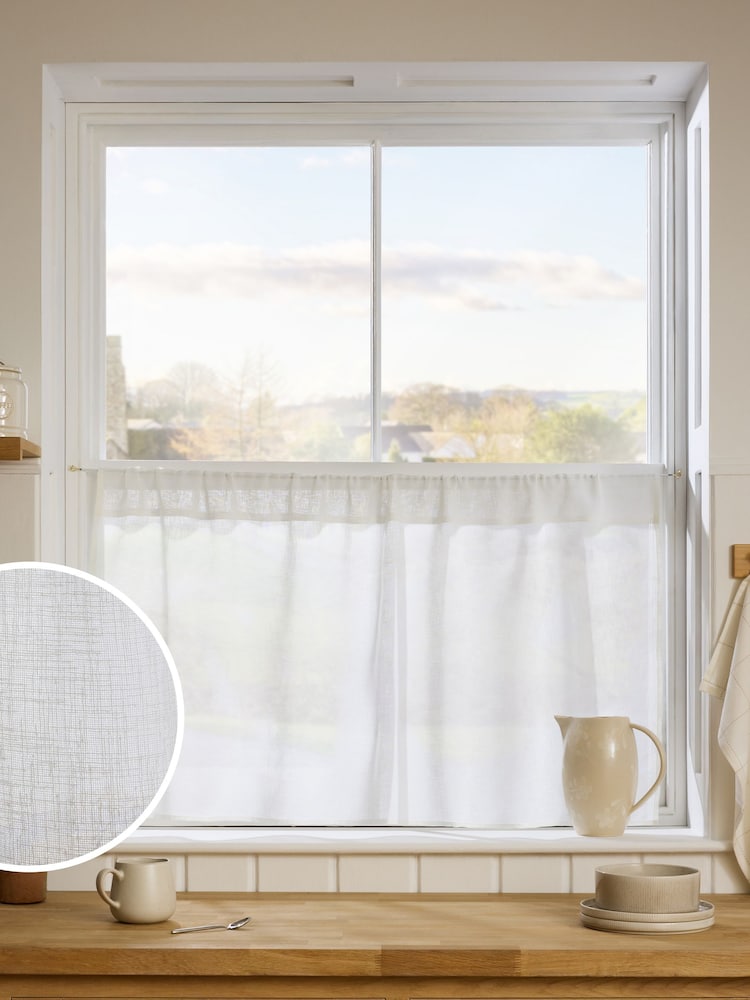 White Linen Look Voile Unlined Sheer Slot Top Café Curtain - Image 1 of 3
