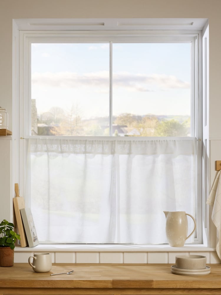 White Linen Look Voile Unlined Sheer Slot Top Café Curtain - Image 2 of 3