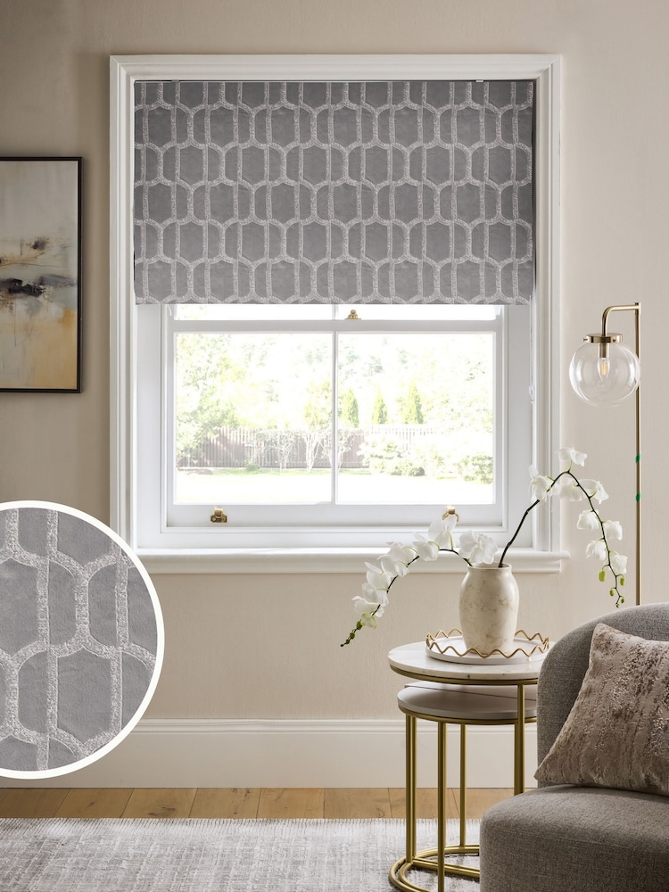 Silver Grey Ready Made Blackout/Thermal Evie Geometric Roman Blinds - Image 1 of 5 Silver Grey Ready Made Blackout/Thermal Evie Geometric Roman Blinds - Image 1 of 5