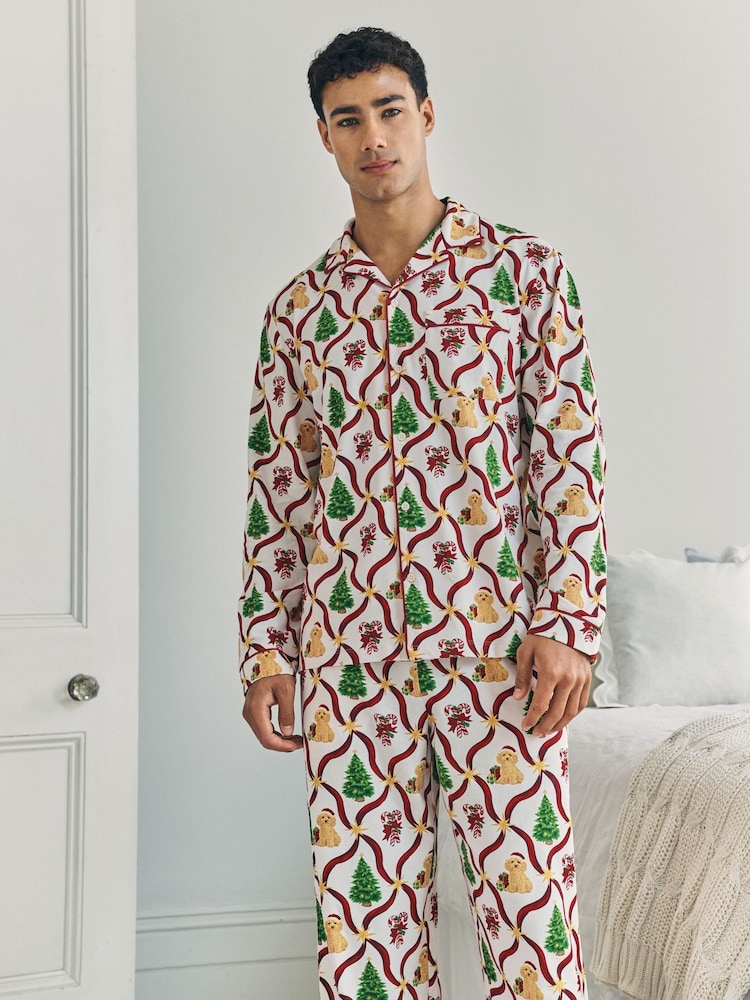 Chelsea Peers Red Christmas Tree & Dog Long Pyjamas Set - Image 1 of 6 Chelsea Peers Red Christmas Tree & Dog Long Pyjamas Set - Image 1 of 6