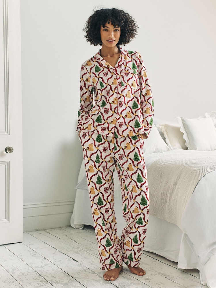 Chelsea Peers Red Christmas Tree & Dog Long Pyjamas Set - Image 1 of 6 Chelsea Peers Red Christmas Tree & Dog Long Pyjamas Set - Image 1 of 6