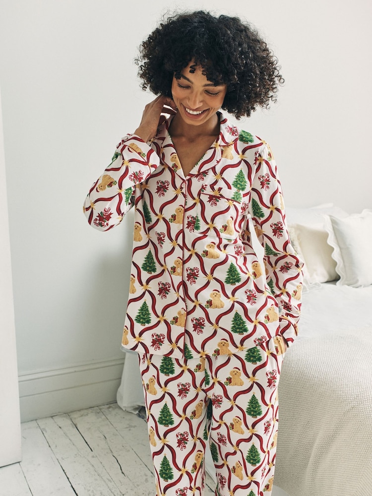 Chelsea Peers Red Christmas Tree & Dog Long Pyjamas Set - Image 2 of 6 Chelsea Peers Red Christmas Tree & Dog Long Pyjamas Set - Image 2 of 6