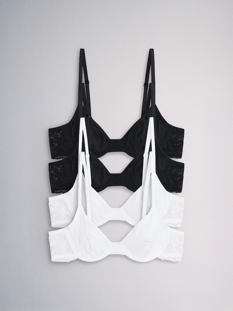 The Set 4 Pack Non Padded Underwired Microfibre Lace T-Shirt Bra Black/White - Image 2 of 14