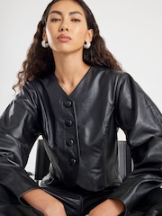 River Island Black Real Leather Cocoon Sleeve Blazer - Image 1 of 4