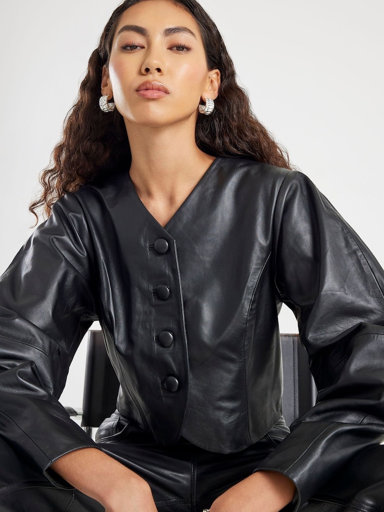 River Island Black Real Leather Cocoon Sleeve Blazer - Image 1 of 4