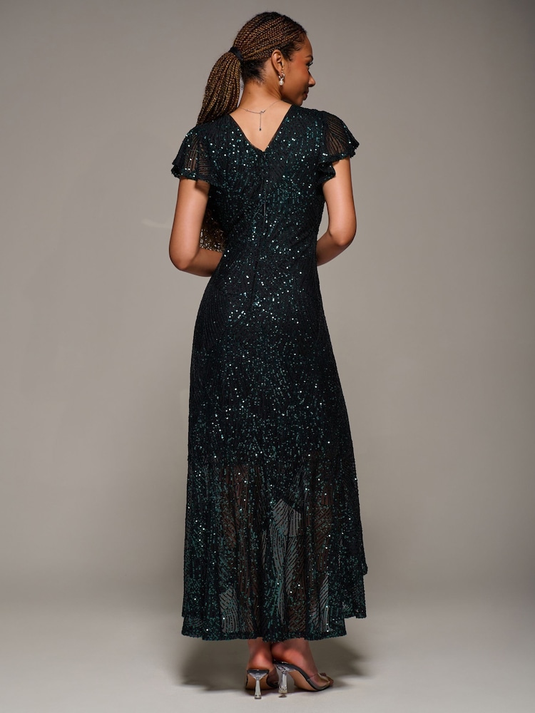 Jolie Moi Black Frill Short Sleeve Sequin Maxi Dress - Image 2 of 6 Jolie Moi Black Frill Short Sleeve Sequin Maxi Dress - Image 2 of 6