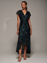 Jolie Moi Black Frill Short Sleeve Sequin Maxi Dress - Image 3 of 6