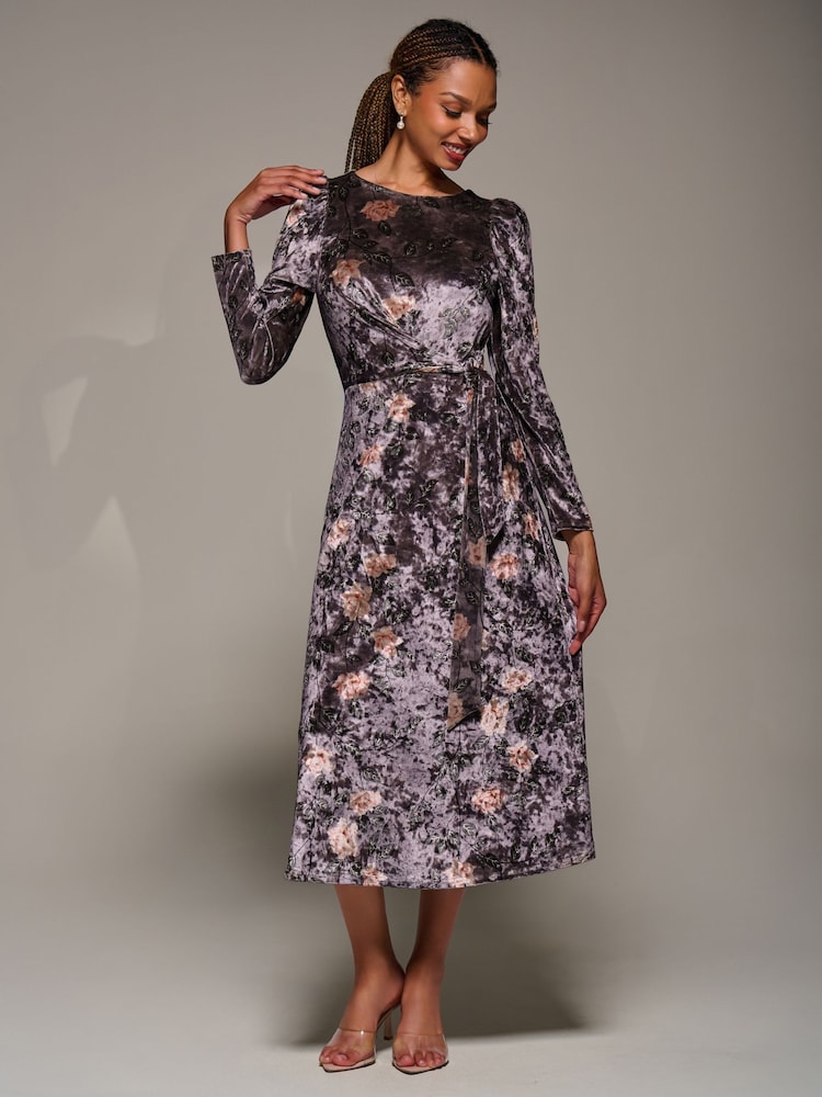 Jolie Moi Purple Long Sleeve Velvet Tie Detail Midi Dress - Image 1 of 5 Jolie Moi Purple Long Sleeve Velvet Tie Detail Midi Dress - Image 1 of 5
