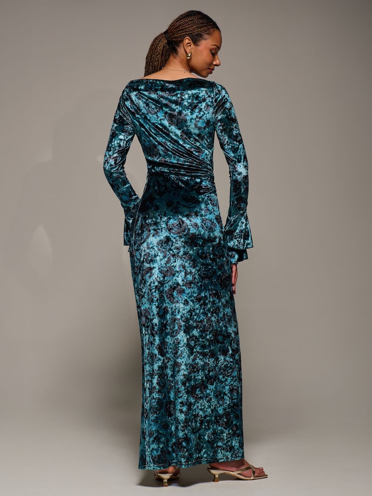 Jolie Moi Green Ruffle Sleeve Asymmetric Neck Velvet Maxi Dress - Image 2 of 6 Jolie Moi Green Ruffle Sleeve Asymmetric Neck Velvet Maxi Dress - Image 2 of 6