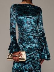 Jolie Moi Green Ruffle Sleeve Asymmetric Neck Velvet Maxi Dress - Image 3 of 6