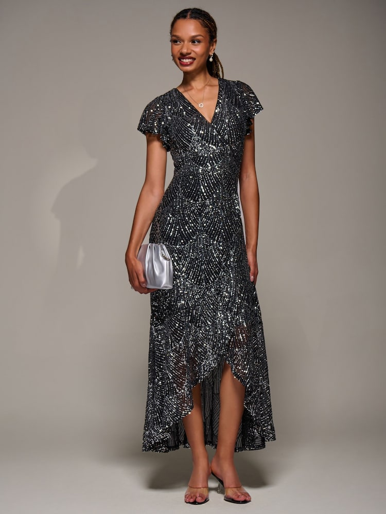 Jolie Moi Black Frill Short Sleeve Sequin Maxi Dress - Image 6 of 6 Jolie Moi Black Frill Short Sleeve Sequin Maxi Dress - Image 6 of 6