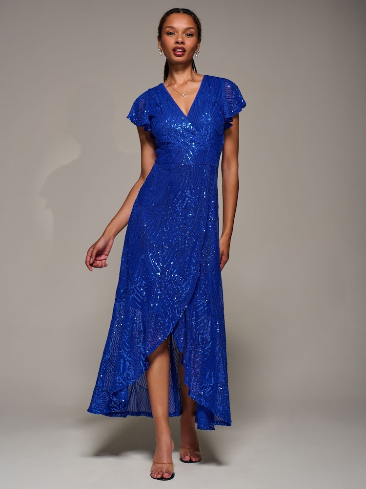 Jolie Moi Blue Frill Short Sleeve Sequin Maxi Dress - Image 1 of 6 Jolie Moi Blue Frill Short Sleeve Sequin Maxi Dress - Image 1 of 6