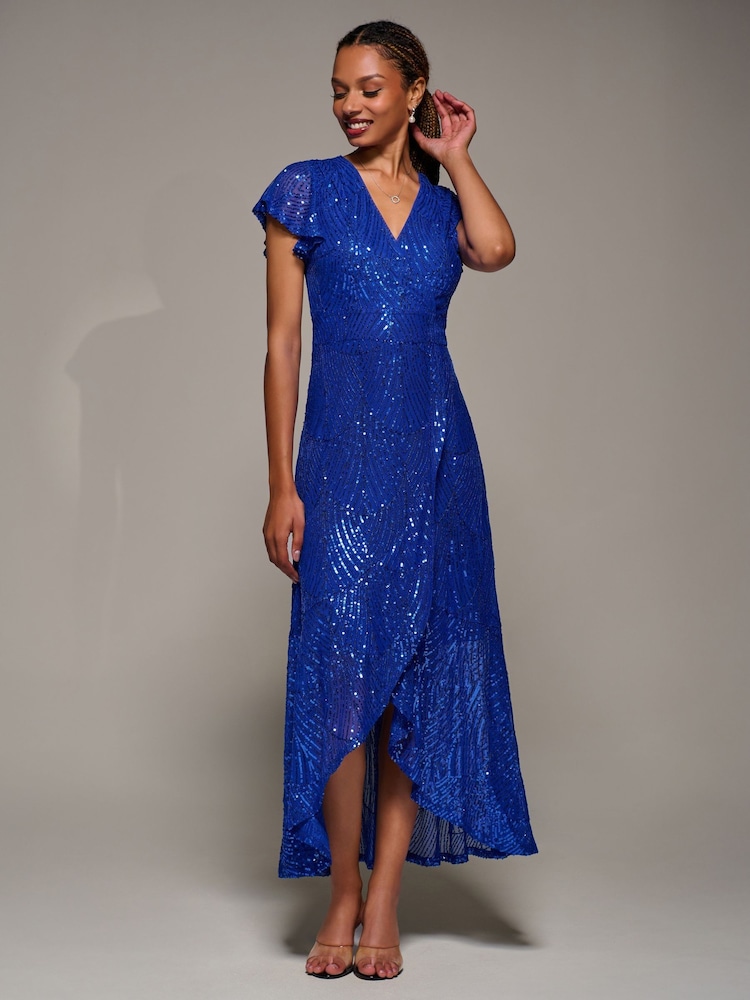 Jolie Moi Blue Frill Short Sleeve Sequin Maxi Dress - Image 6 of 6 Jolie Moi Blue Frill Short Sleeve Sequin Maxi Dress - Image 6 of 6