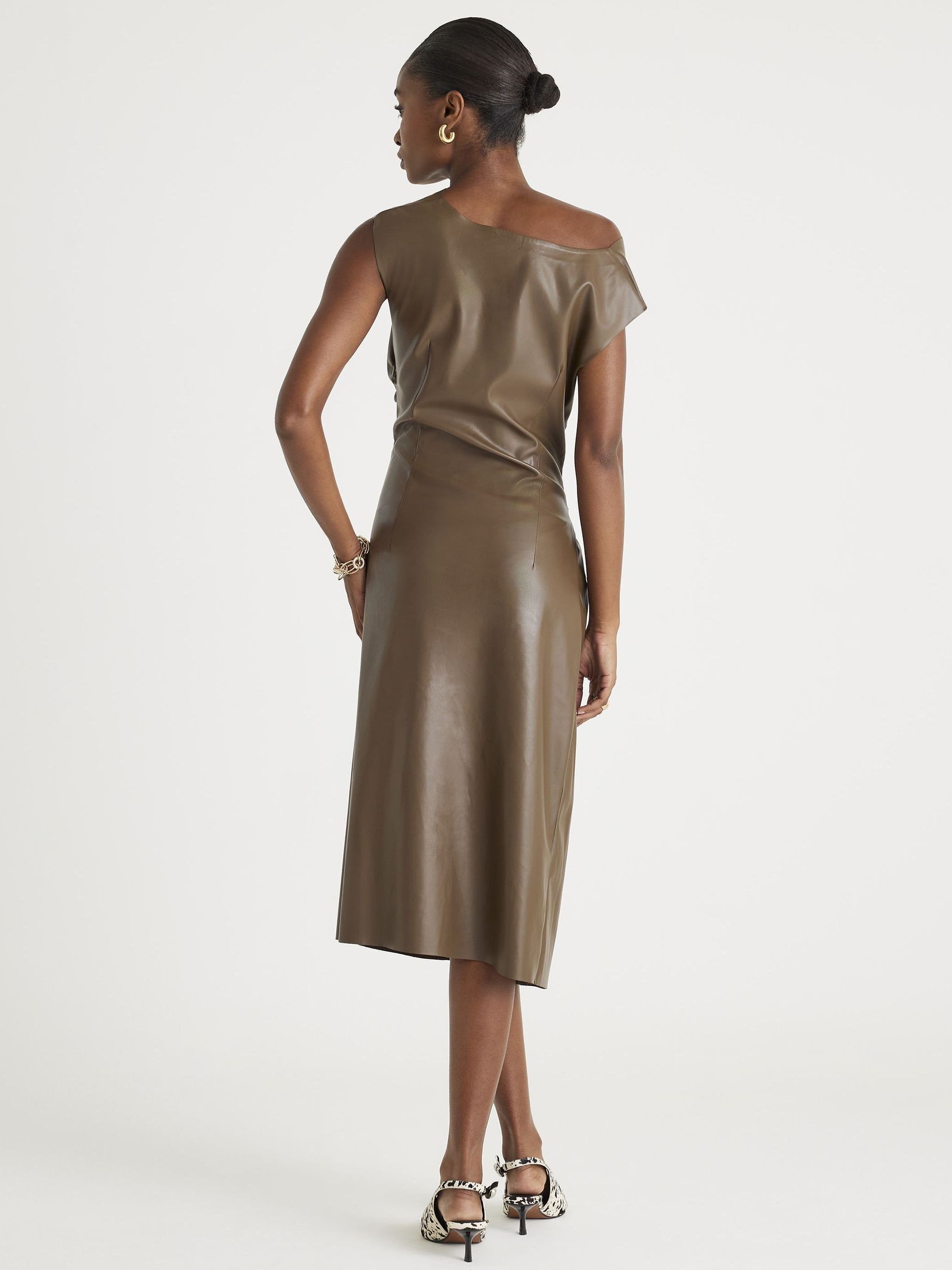 brown leather sheath dress Last One - SHARON - chestnut brown fitted vegan leather midi dress- Inspired by Hollywood