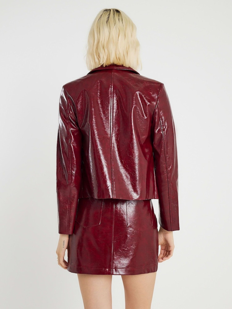 River Island Red High Shine Creaked Faux Leather Jacket - Image 2 of 4