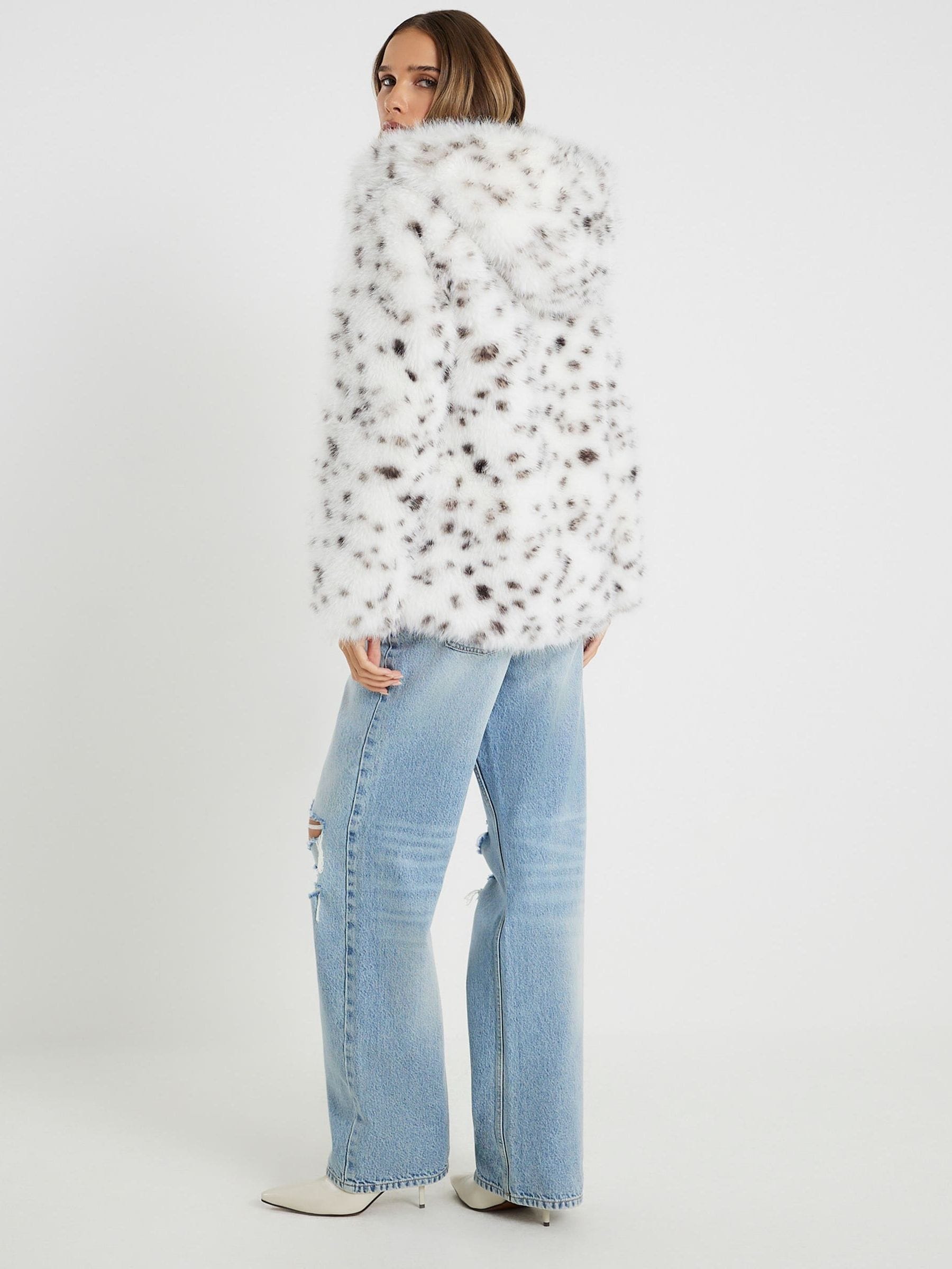 Buy River Island White Dalmatian Print Hooded Faux Fur Coat from