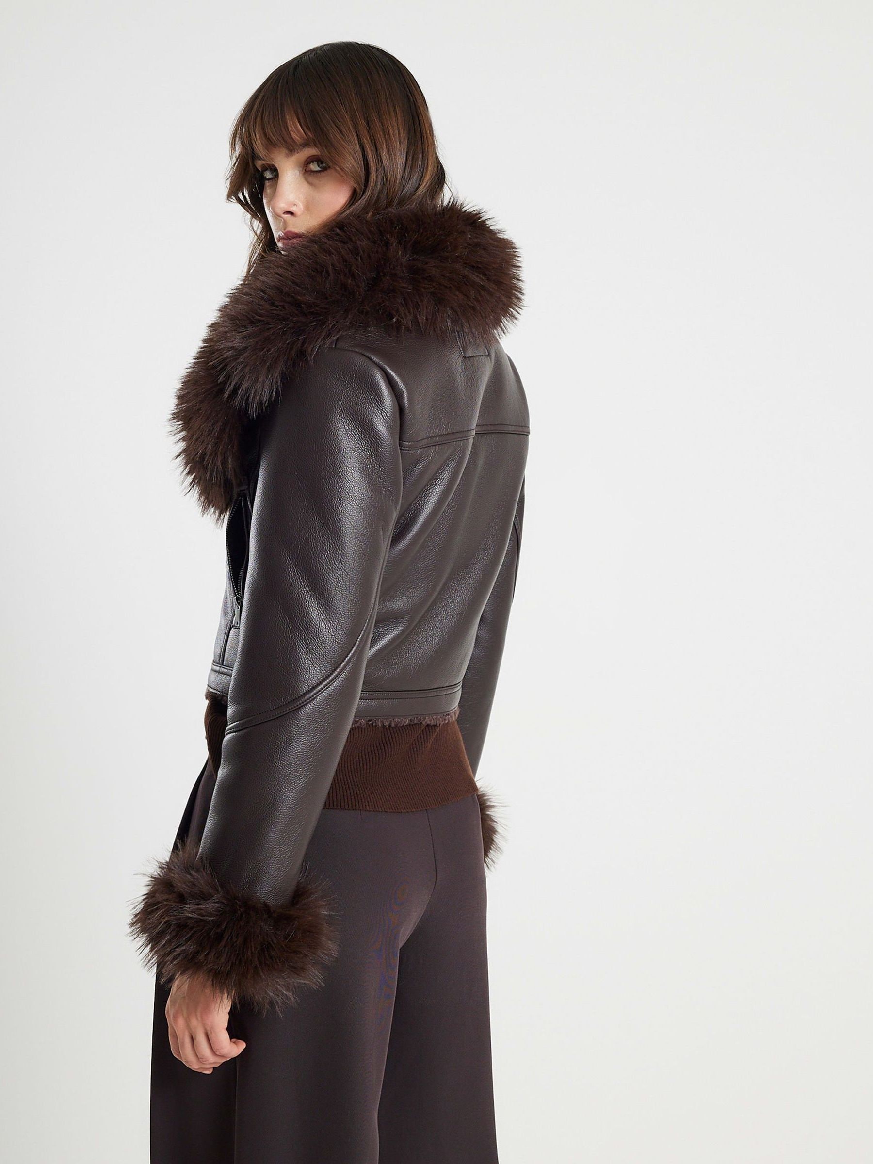 Buy River Island Brown Faux Fur Collar Cropped Biker Jacket from