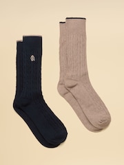 Joules Men's Cable Knit Navy & Tan Socks 2 Pack - Image 1 of 3