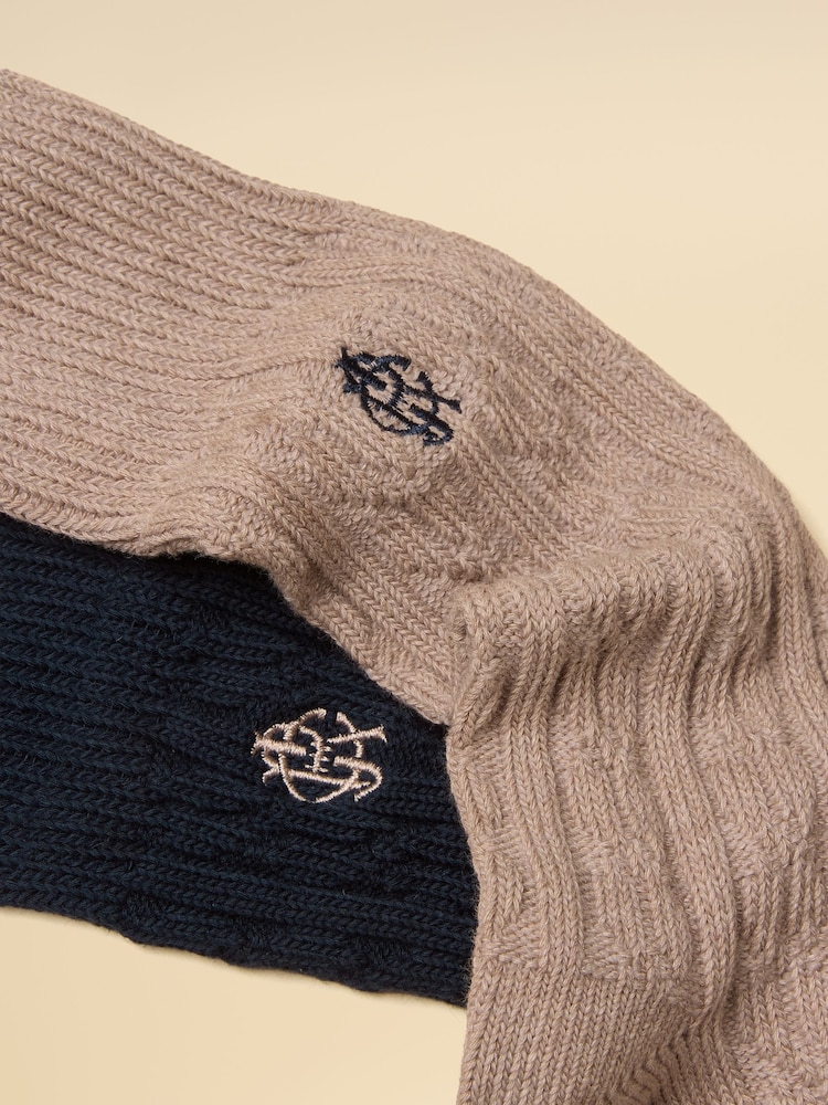 Joules Men's Cable Knit Navy & Tan Socks 2 Pack - Image 2 of 3 Joules Men's Cable Knit Navy & Tan Socks 2 Pack - Image 2 of 3