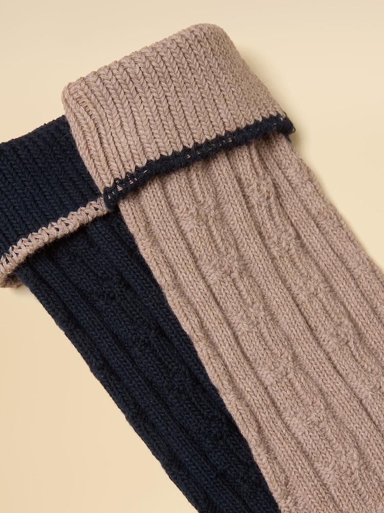 Joules Men's Cable Knit Navy & Tan Socks 2 Pack - Image 3 of 3 Joules Men's Cable Knit Navy & Tan Socks 2 Pack - Image 3 of 3