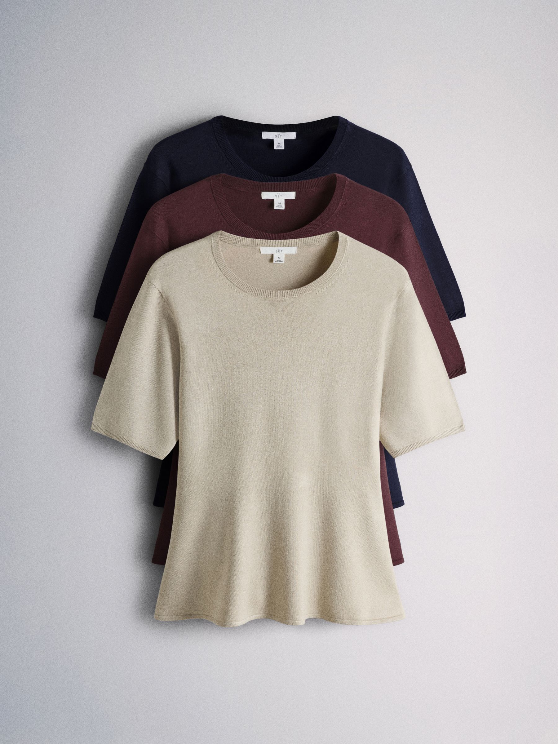 Buy The Set 3 Pack Fine Knit Peplum T-Shirt Navy Blue/Plum Purple