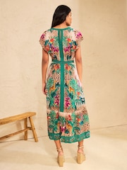 Love & Roses Teal Blue Animal Petite Flutter Sleeve V Neck Midi Dress - Image 4 of 4