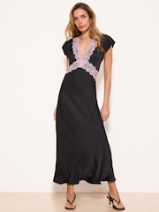 Lipsy Black Black Lace Trim Satin Midi Dress - Image 1 of 5