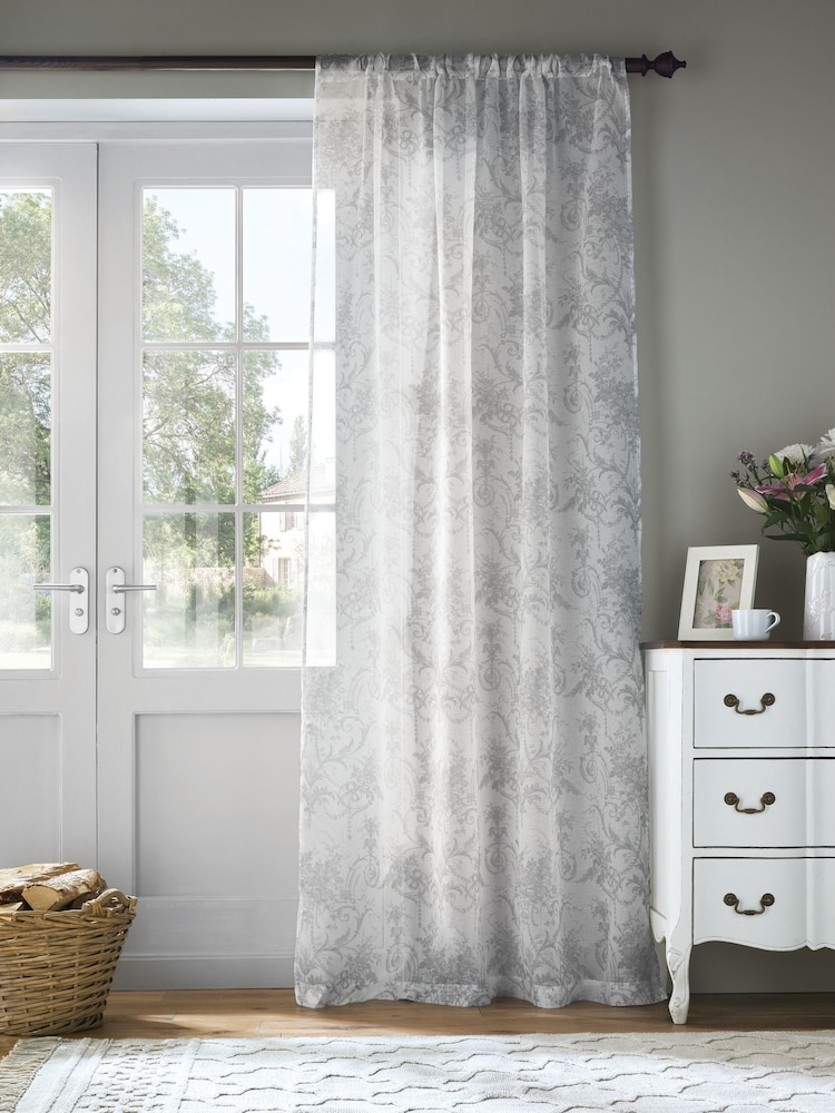 Laura Ashley Dove Grey Tuileries Voile Slot Top Sheer Panel Curtains - Image 1 of 3