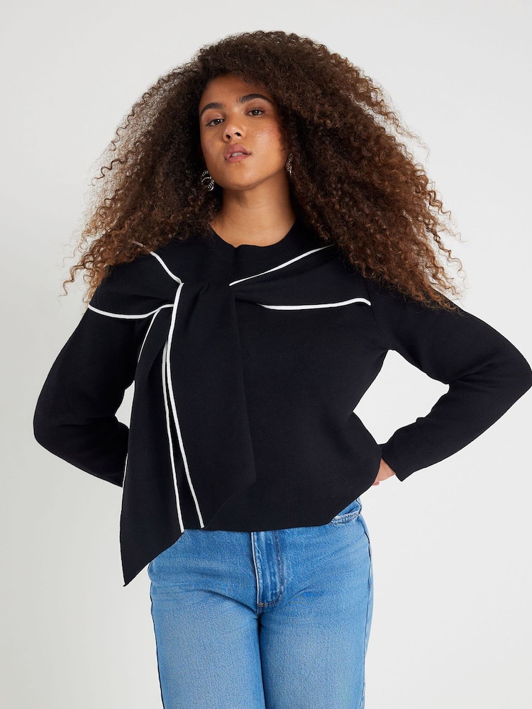 River Island Black Long Sleeve Scarf Tie Knit Blouse - Image 1 of 6