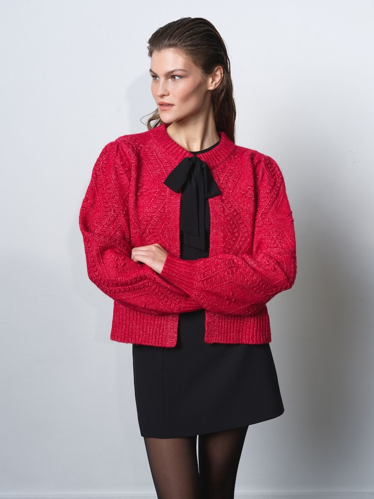 French Connection Red Kitty Bobble Bow Cardigan - Image 1 of 6 French Connection Red Kitty Bobble Bow Cardigan - Image 1 of 6