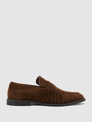 Reiss Tan Dani Suede Ruched Penny Loafers - Image 1 of 5