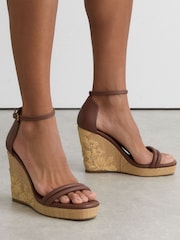 Reiss Tan Hazel Leather Embroidered-Wedge Sandals - Image 4 of 6