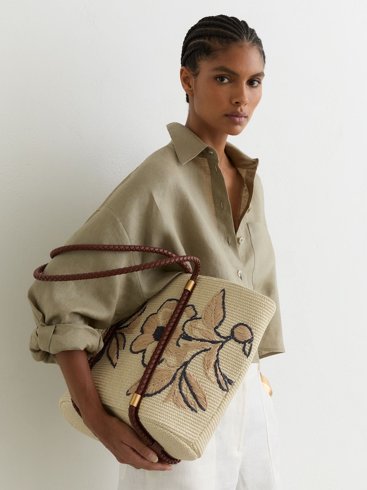 Reiss Natural Rae Raffia-Effect Embroidered Tote Bag - Image 1 of 6